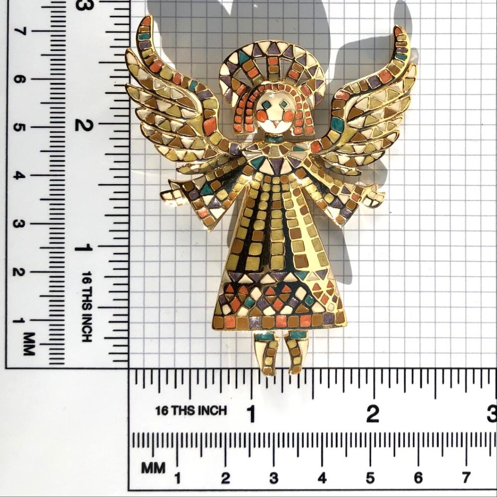 Bob Mackie Angel Pin Mosaic Enamel Gold Tone Brooch Guardian Angel Vintage 80s - Picture 11 of 16